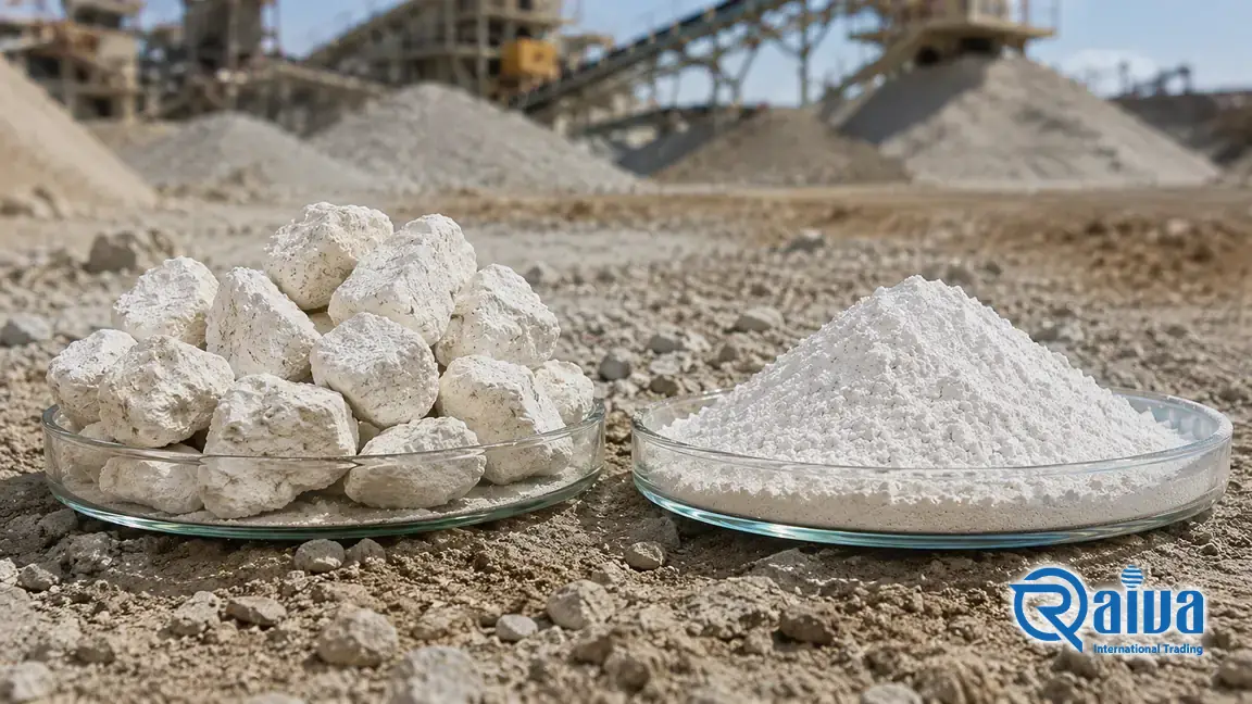 Quicklime lumps and hydrated lime powder compared side by side